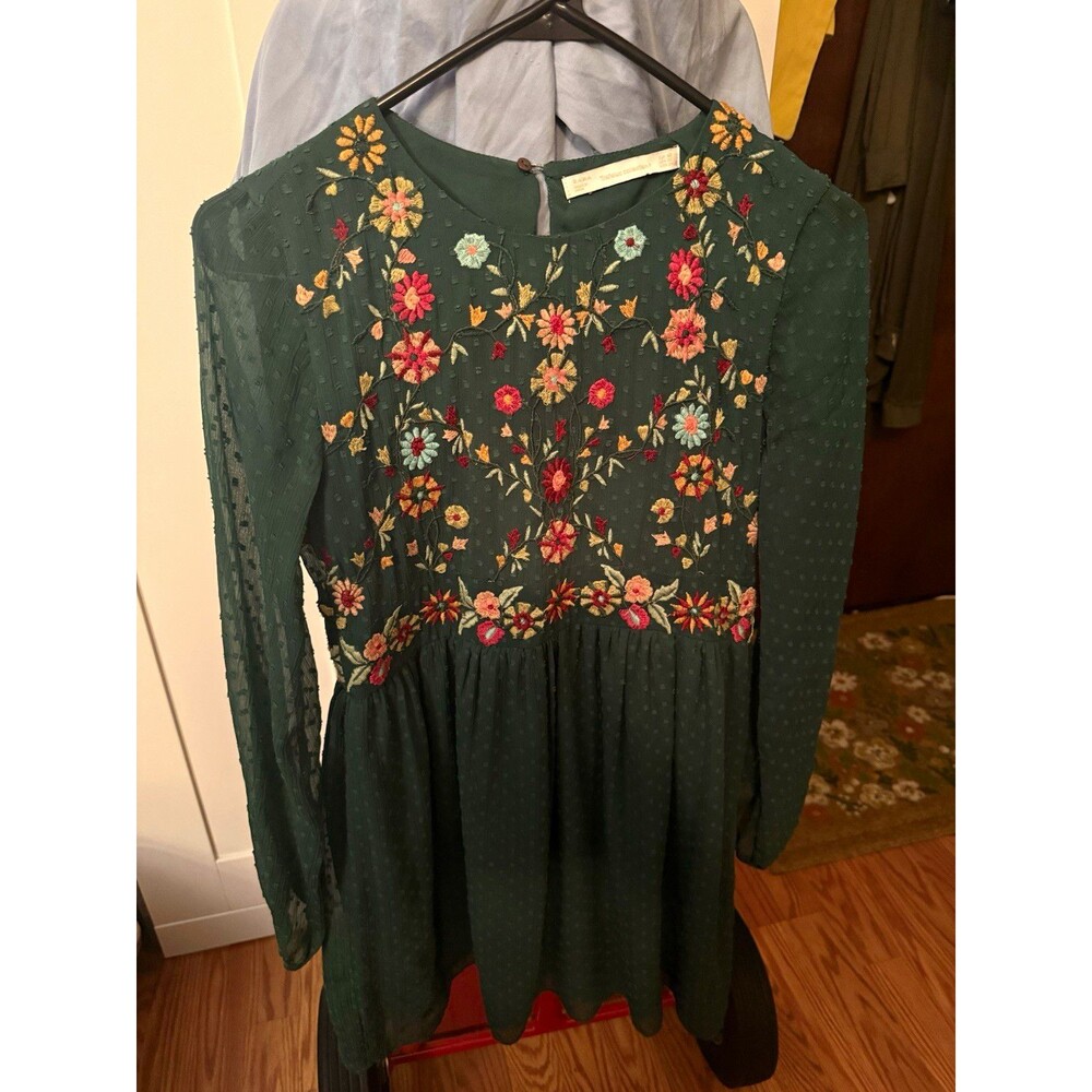 Zara Green Floral Embroidered Sheer Chiffon Mini Dress Round Neck XS